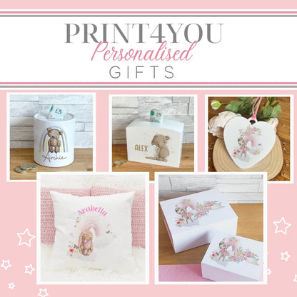 Print4You Personalised Gifts product collage showing other personalised items including money boxes, a cushion and keepsake boxes, not a photo of this product's gift box packaging.