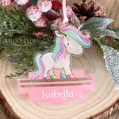 Personalised acrylic unicorn reindeer Christmas money holder decoration shown with the optional presentation gift box
