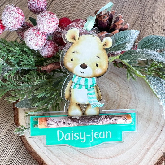Personalised tree-shaped acrylic money holder with a teddy bear design, printed with a name, shown without gift box