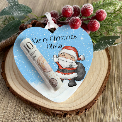 Personalised Reindeer Heart money pouch hanging on a Christmas tree branch