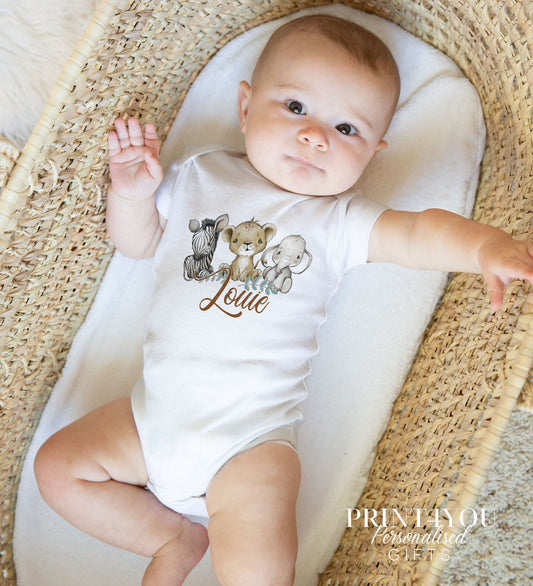 Personalised safari jungle animal bib for a new baby gift set, printed with the baby's name.