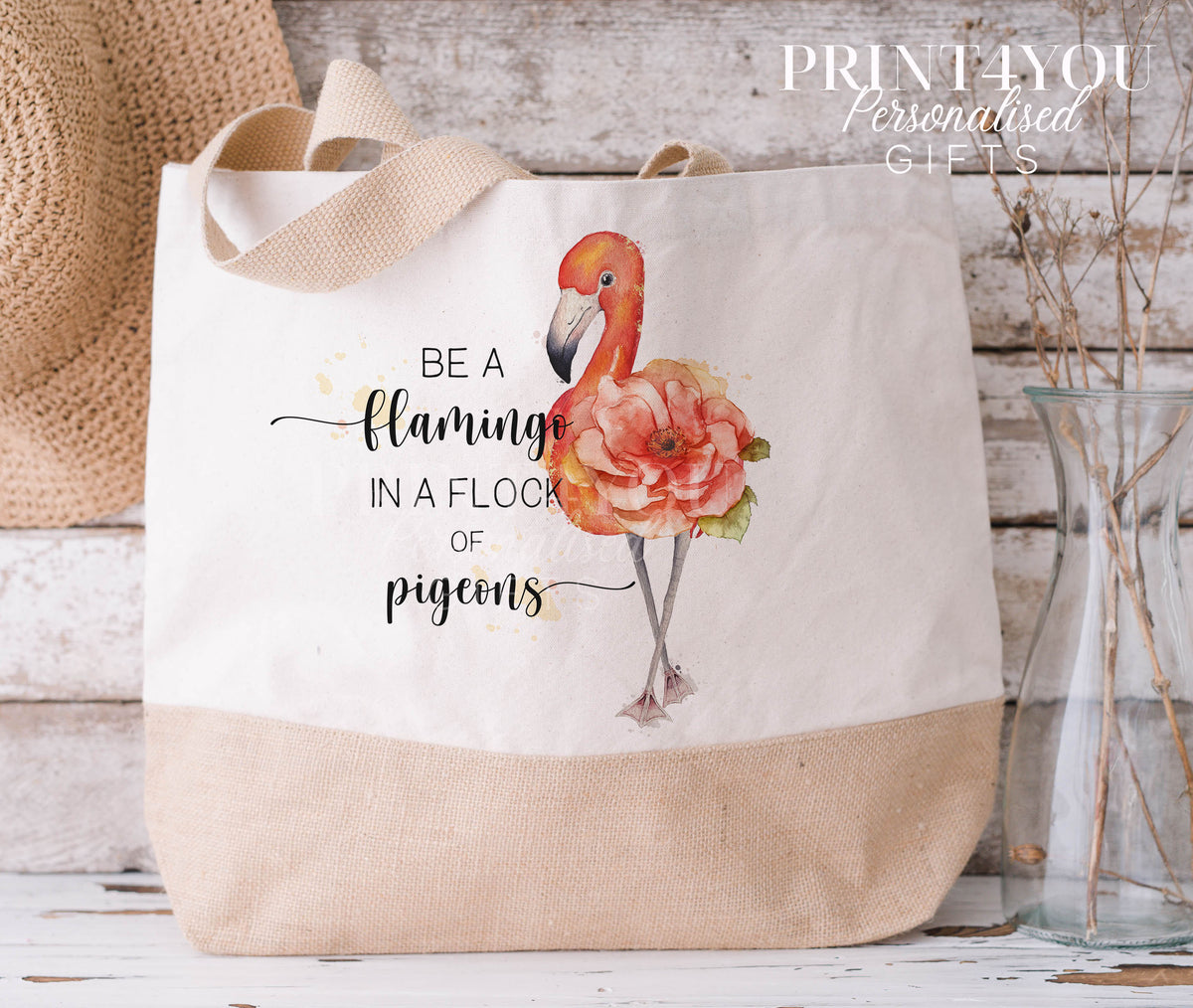 Flamingo Tote Bag – Cotton Jute Shopper in Small & XL, Be a Flamingo in a Flock of Pigeons