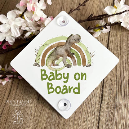 Baby on Board Aluminium Car Window Safety Sign – Polite Driver Notice – Kids Car Accessories – Green T – rex Dinosaur Rainbow - Yes