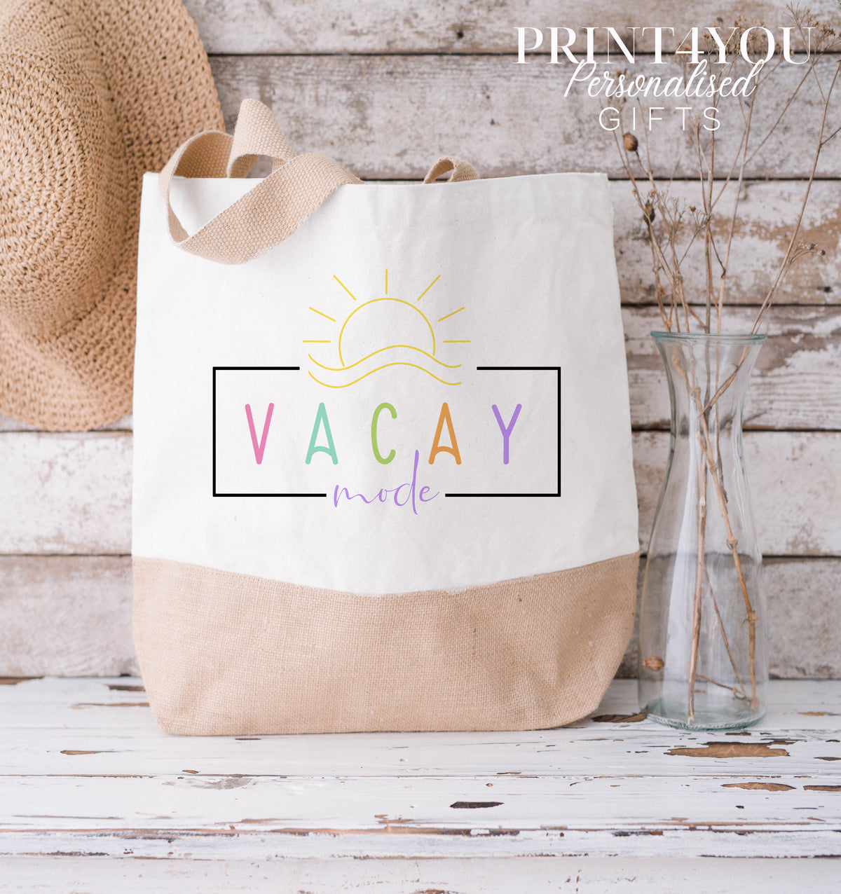 Vacay Mode Cotton Jute Tote Bag – Holiday Beach Bag, Positivity Quote Gift, Medium & XL – XL