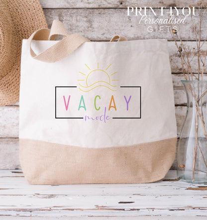 Vacay Mode Cotton Jute Tote Bag – Holiday Beach Bag, Positivity Quote Gift, Medium & XL – Medium
