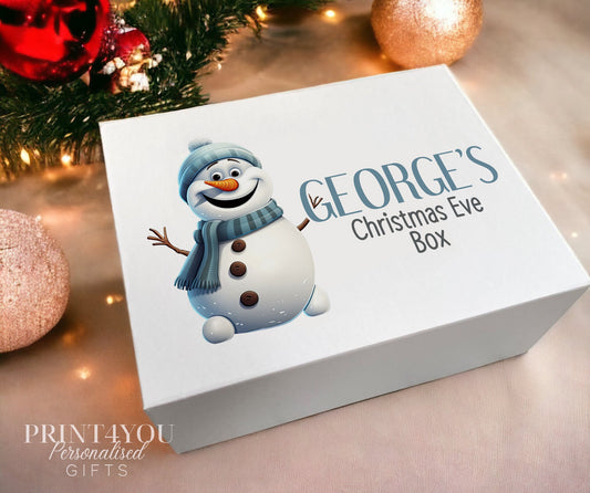 Personalised cute snowman Christmas Eve gift box, small size, magnetic white box with a custom name printed on the front