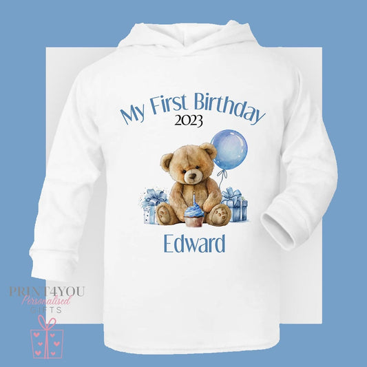 Boys personalised teddy bear 1st birthday hooded long sleeve top, size 6-12 months, printed with a custom name on the chest.