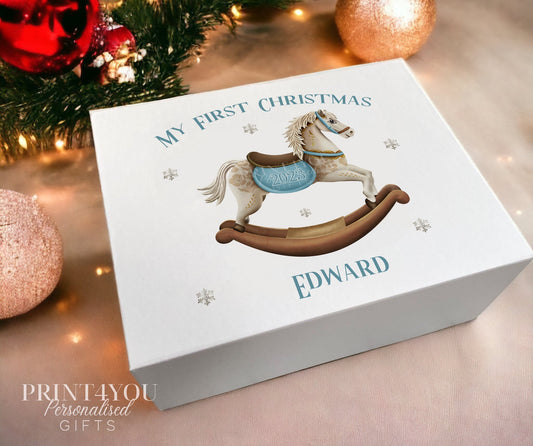 Personalised blue rocking horse Christmas Eve gift box, small size, magnetic white box with a custom name printed on the front