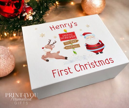 Personalised North Pole Santa Christmas Eve gift box, small size, magnetic white box with a custom name printed on the front