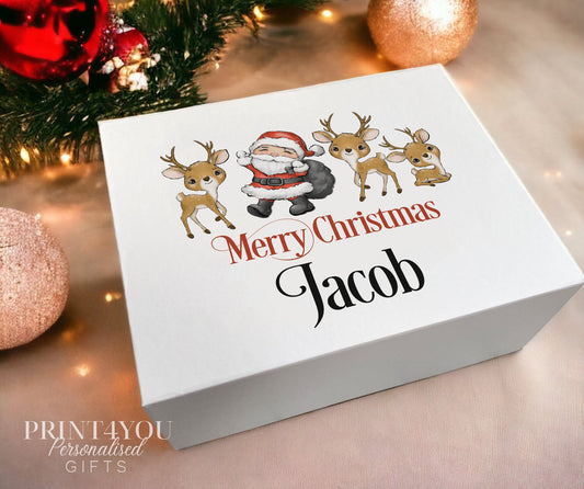 Personalised Reindeer & Santa Christmas Eve keepsake box with custom name, small magnetic gift box 12x16x6.5cm