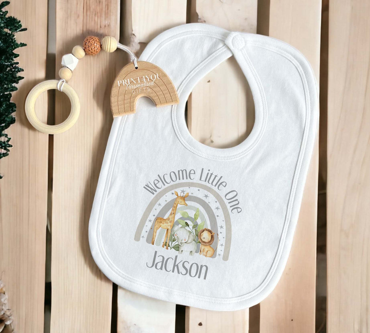 Full range of personalised welcome baby grey safari garments available to choose from.
