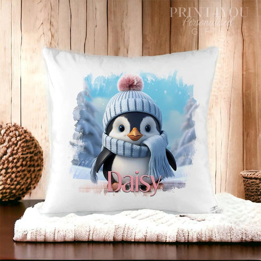 Personalised Christmas penguin cushion cover with custom name, cover only, 40x40cm