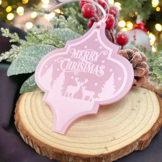Pearlised pink arabesque acrylic Christmas bauble with Merry Christmas snow scene and deer design, shown with gift box option