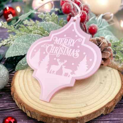 Pearlised pink arabesque acrylic Christmas bauble with Merry Christmas snow scene and deer design, shown without gift box