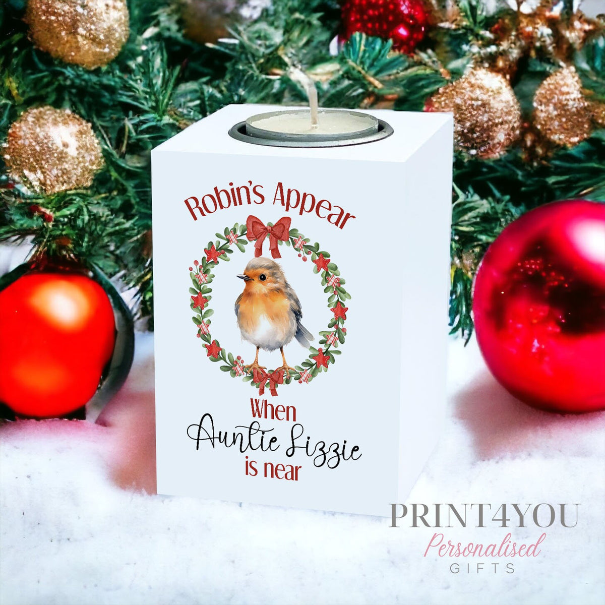 Robins Appear Personalised Memorial Tealight Holder – White Wooden Remembrance Gift