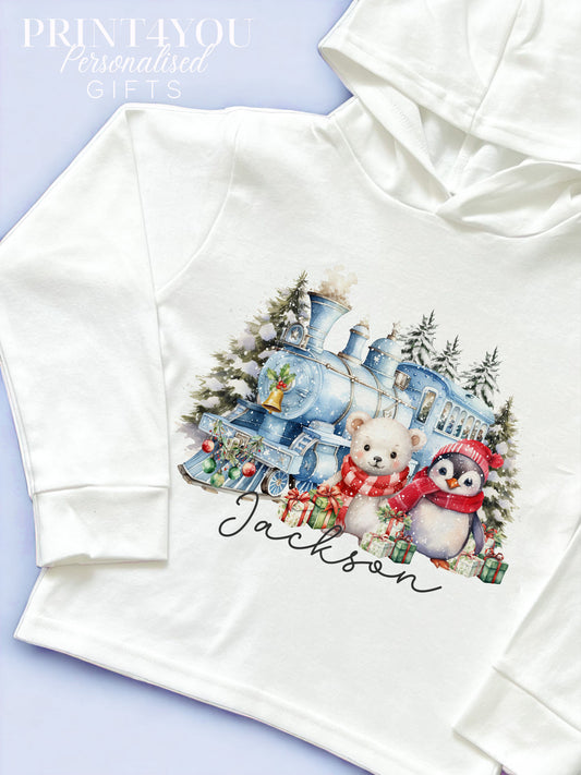 Personalised kids Christmas hoodie with polar bear, penguin and express train design, size 6-12 months