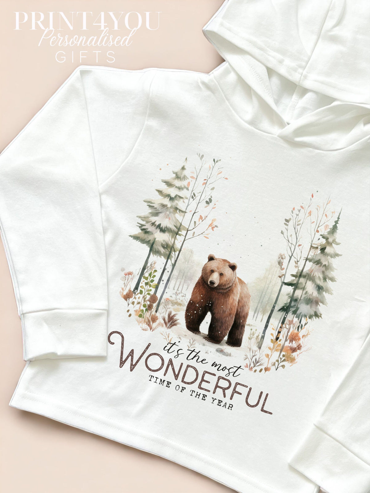 Woodland bear hooded Christmas top for babies, size 6-12 months, with
