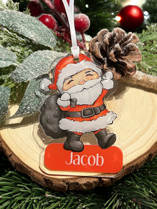 Personalised acrylic Father Christmas Santa Claus tree bauble with custom name, shown with optional gift box