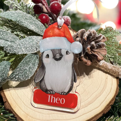 Back view of the personalised Penguin acrylic bauble