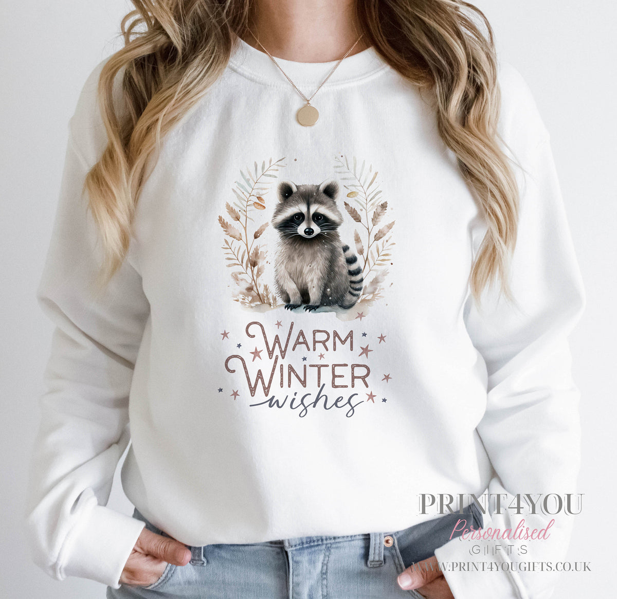 Ladies white sweatshirt with a raccoon Christmas design and printed on the front