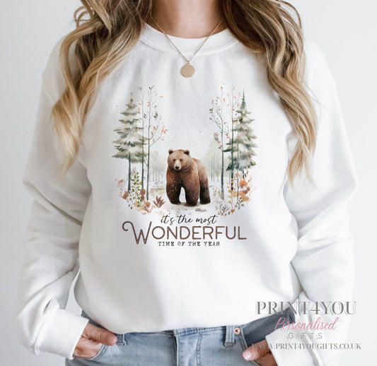 Ladies white Christmas sweatshirt with Bear Wonderful Time of the Year bear design, front view