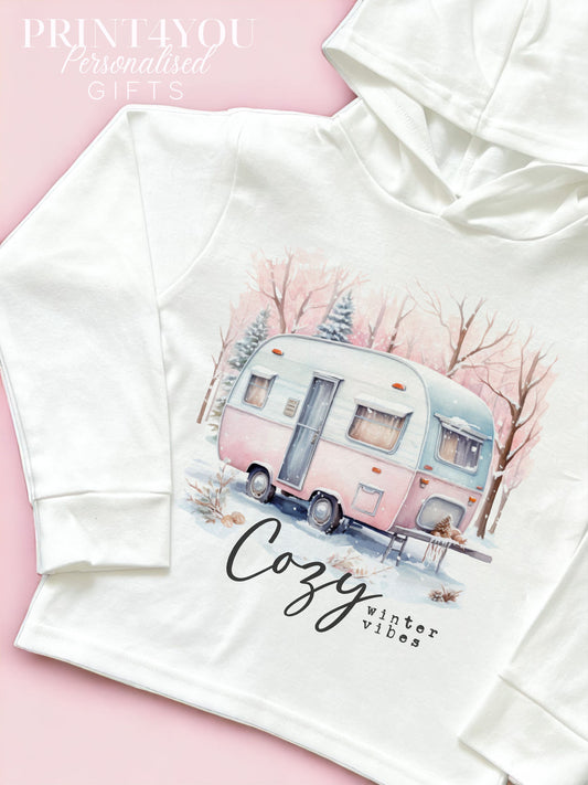 Kids Christmas hooded jersey top with Cozy Winter Caravan print, size 6-12 months, hood up