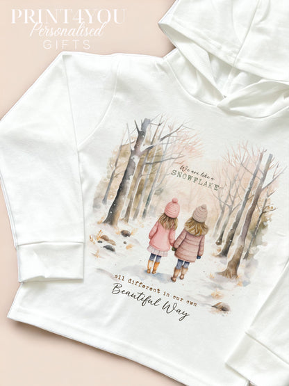 Girls long-sleeved hooded top with a snowflake design, positivity quote and, size 6-12 months
