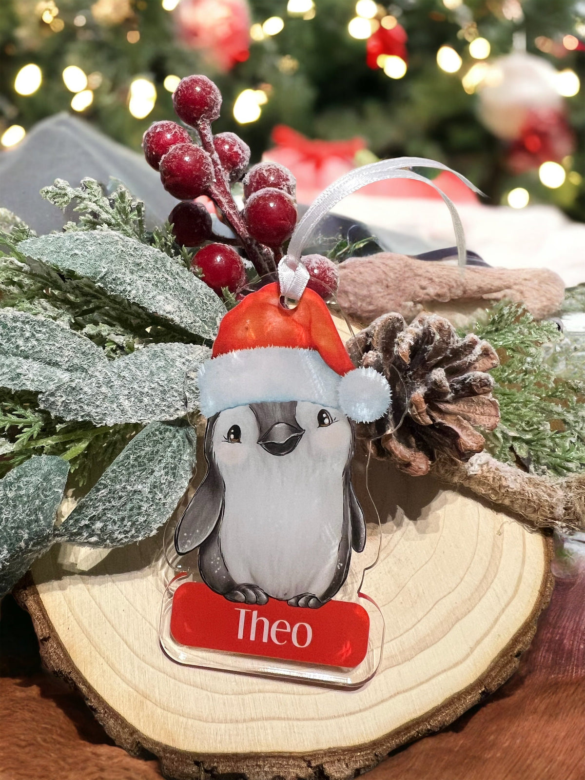 Personalised Penguin acrylic Christmas bauble with child's name, standard packaging (No Gift Box)