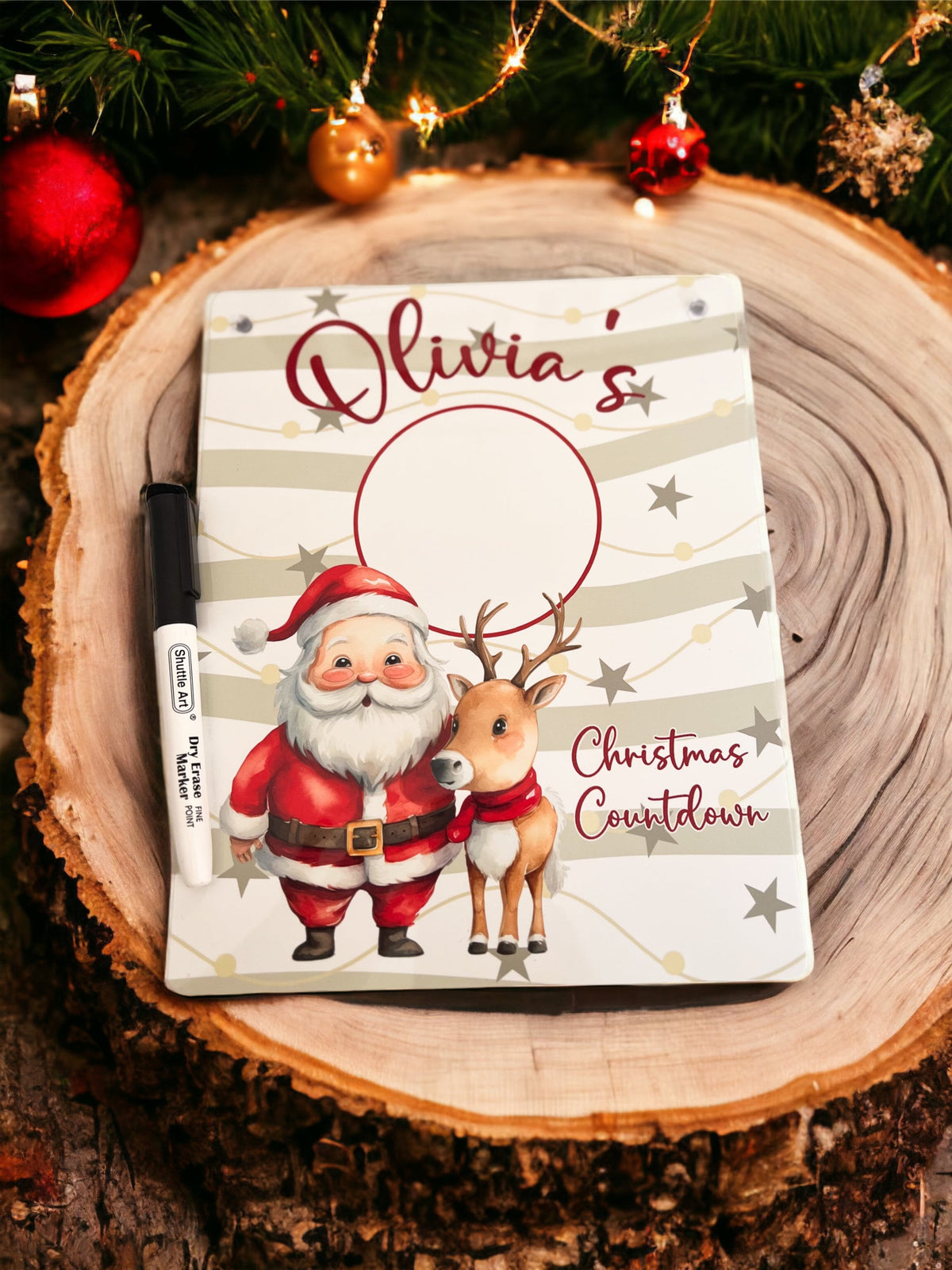 Personalised aluminium Christmas countdown board with Santa and reindeer design and custom name
