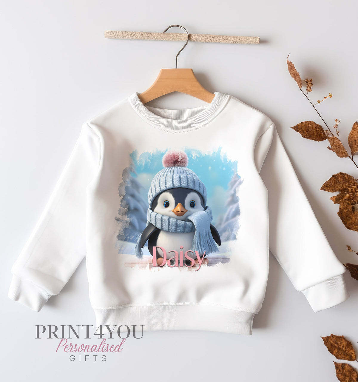 Personalised Christmas Jumper For Children. White Cotton Sweatshirt – Cute Winter Penguin Graphics - 6-12 months