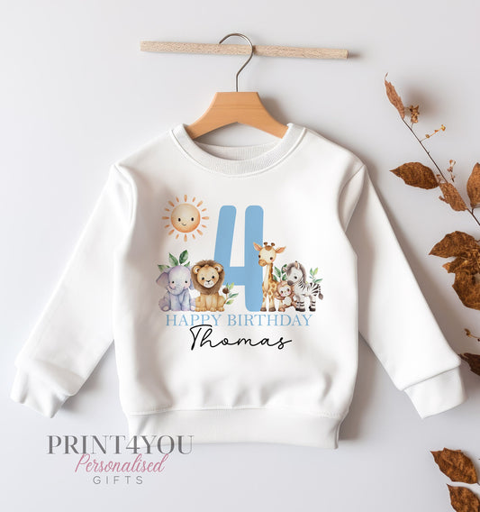 Personalised I Am Four jungle safari birthday jumper in blue, 6-12 months – Print4You Personalised Gifts