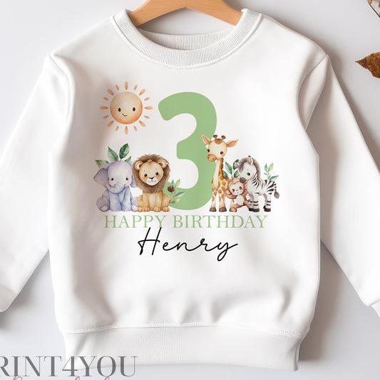 Personalised third birthday jumper in jungle safari green design, size 6-12 months – Print4You Personalised Gifts
