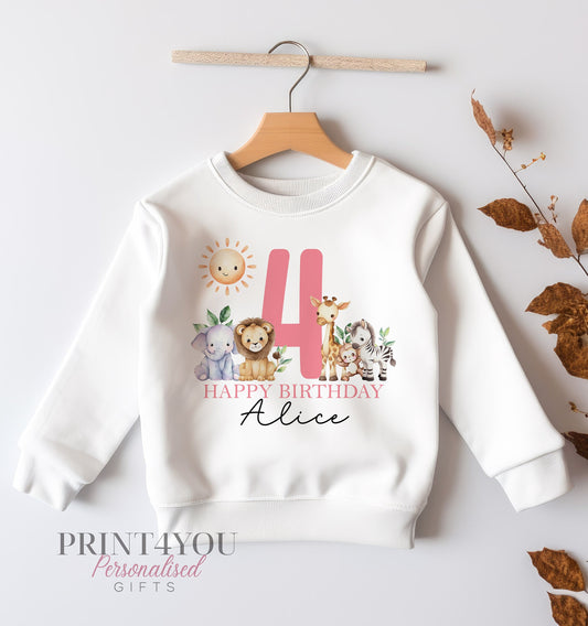 Personalised I Am Four jungle safari birthday jumper in pink, 6-12 months – Print4You Personalised Gifts