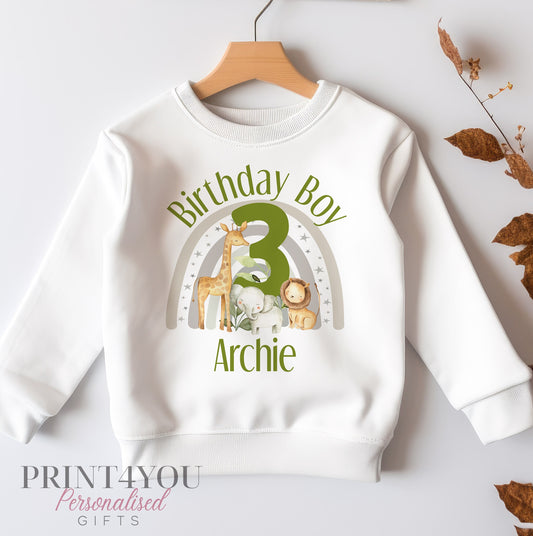 Personalised third birthday jumper in jungle safari rainbow design, size 6-12 months – Print4You Personalised Gifts