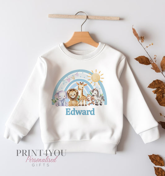 Personalised white cotton sweatshirt with safari animals and blue rainbow design, 6-12 months – Print4You Personalised Gifts