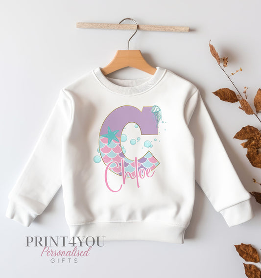 Personalised mermaid alphabet birthday sweatshirt, white cotton, 6-12 months – Print4You Personalised Gifts