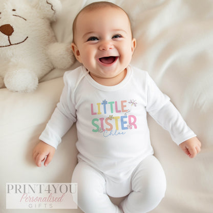 Personalised 'Little Sister' t-shirt for an older girl, part of a matching new baby sibling set.
