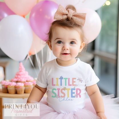 Personalised 'Little Sister' vest for a newborn baby girl, printed with her name across the front.