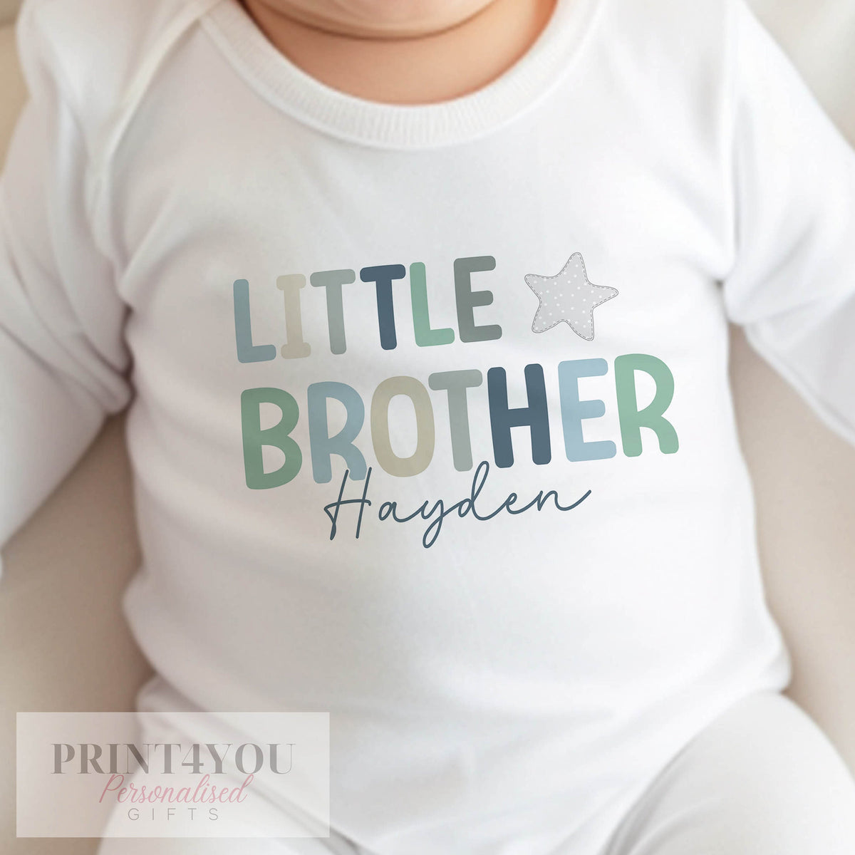 Personalised 'Little Brother' bib in soft white cotton, printed with custom wording for a new baby gift.
