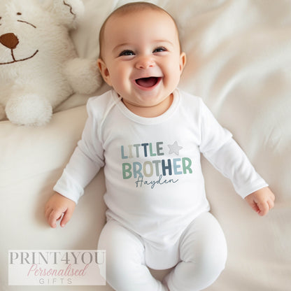 Personalised 'Little Brother' sleepsuit printed with custom wording for a new baby boy.