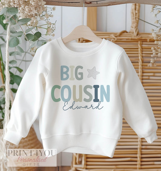 Personalised Big or Little Cousin Jumper, Birthday Sweatshirt for Children, Promoted to Big Cousin, Little Cousin, Boys Design & Star - 6-12 months