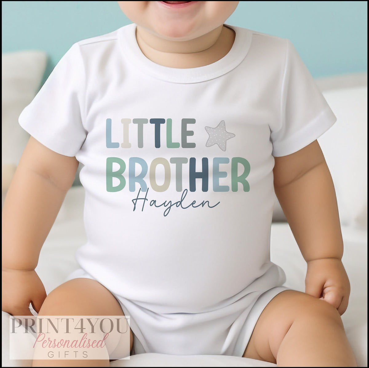 Personalised 'Little Brother' vest in soft cotton, printed to order with baby's name.