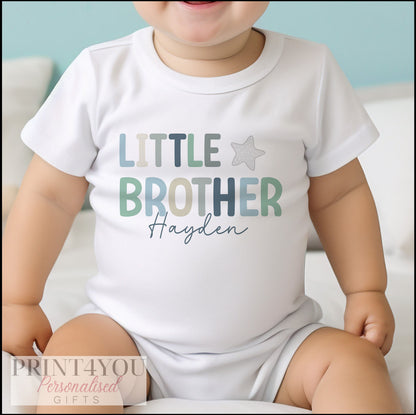 Personalised 'Little Brother' vest in soft cotton, printed to order with baby's name.